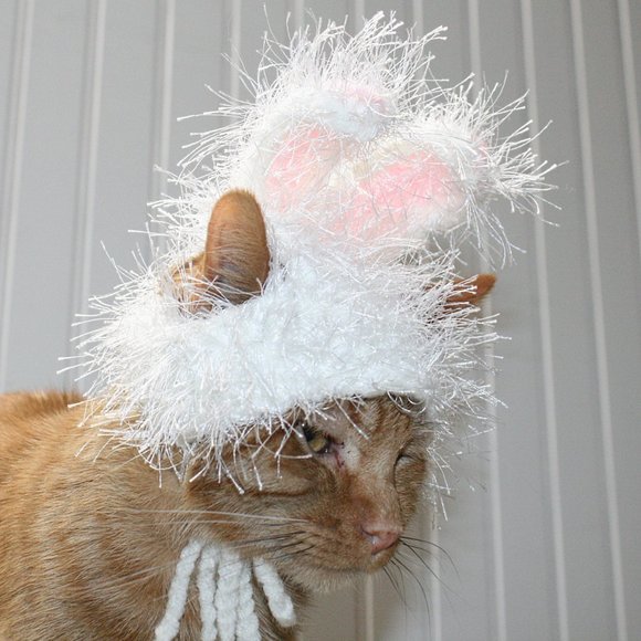 HAND CRAFTED Crochet Hairy Wig Bunny Ears Cat Hat Costume Photo Prop - Picture 3 of 8